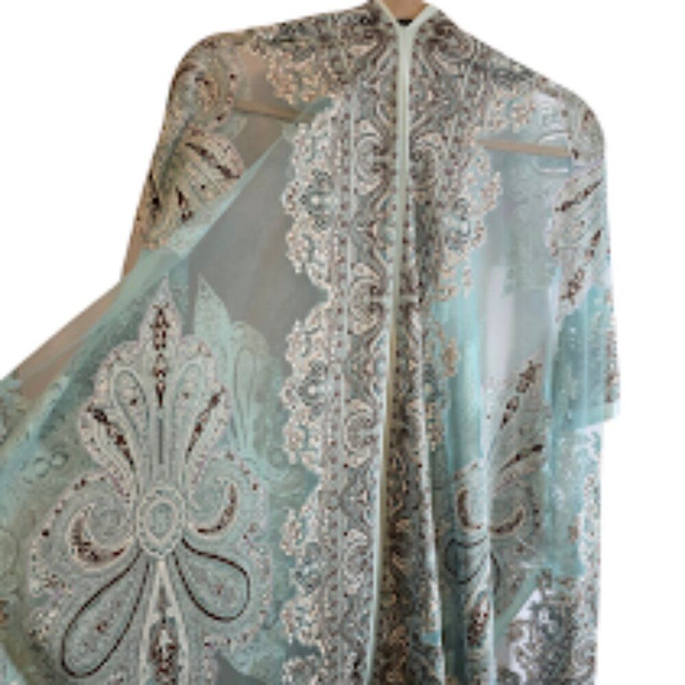 KIMONO SHEER ONE SIZE PAISLEY PRINT TEAL BROWN BURNOUT PATTER FRINGE - Picture 9 of 11